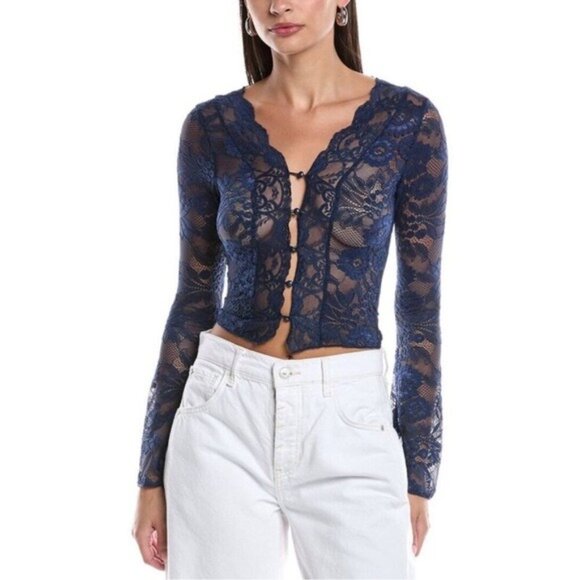 Femme Society Elegant Blue Lace Long Sleeve Top - Picture 1 of 13